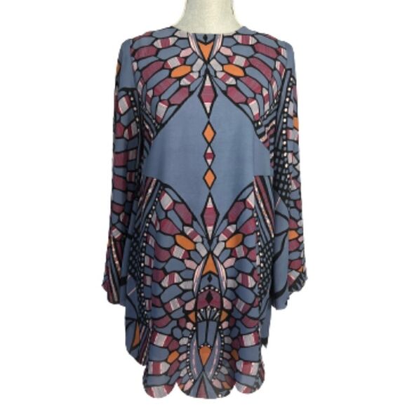 Olivaceous Blue Print Scalloped Raw Hem Shift Dress Size M - Picture 2 of 6